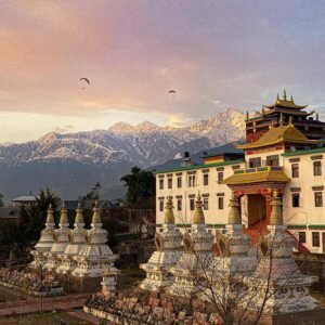 Chokling Monastery Bir with Tibetan architecture and prayer flags in Himachal